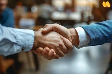 A detailed close-up of two individuals clasping hands in a firm handshake within an office setting, symbolizing agreement, partnership, and mutual respect in a professional environment.