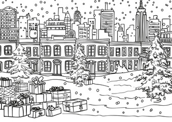 Cartoon Christmas toy drive in the city, outlined for coloring, on a white background.