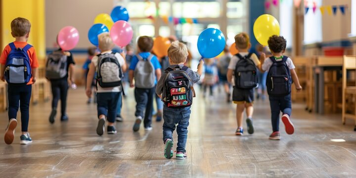 Group of cheerful children with backpacks and balloons walking in a brightly lit school hallway, ready for a school event.