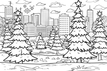 Obraz premium Cartoon Christmas tree farm in the city, outlined for coloring, on a white background.