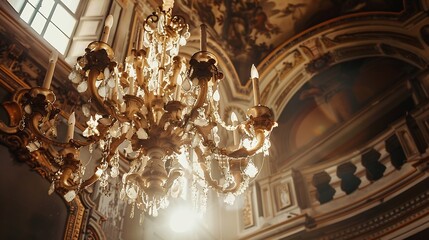 Luxury vintage chandelier in old italian castle made of crystals : Generative AI