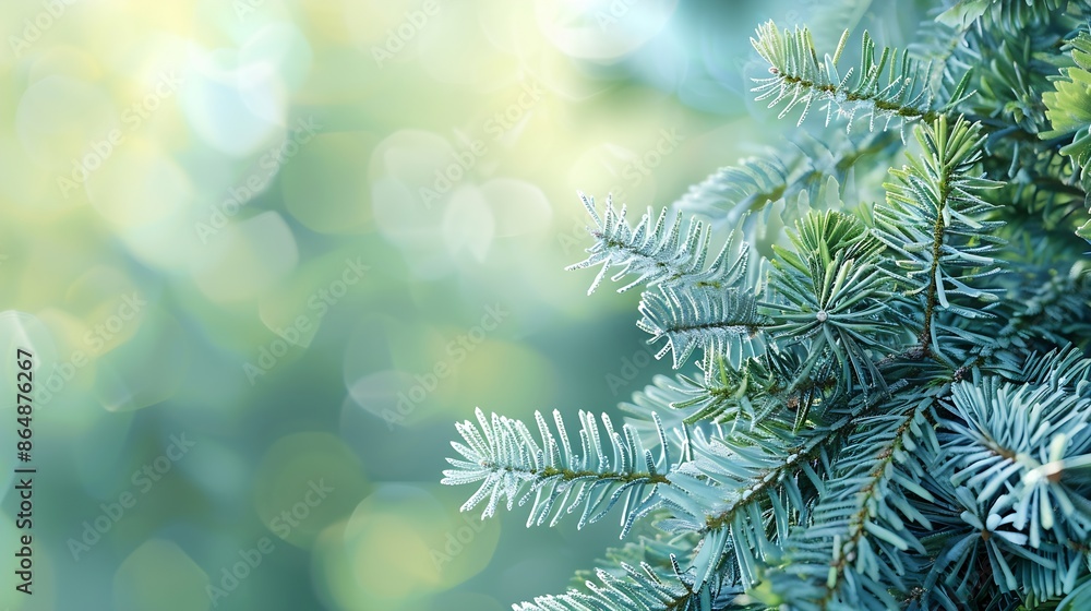 Poster blue spruce and fir tree branches with fresh green needles on blurred green and an isolated backgrou