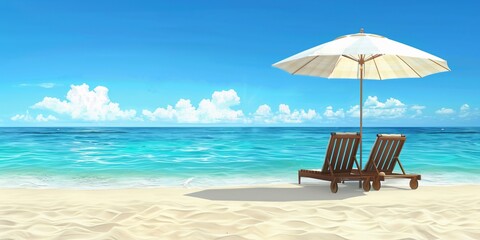 Tropical Beach Paradise with Loungers and Umbrella - Generative AI