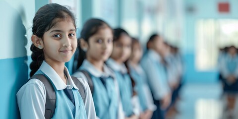 Group of schoolgirls in uniform standing in a corridor, smiling and looking at the camera, representing education and friendship.