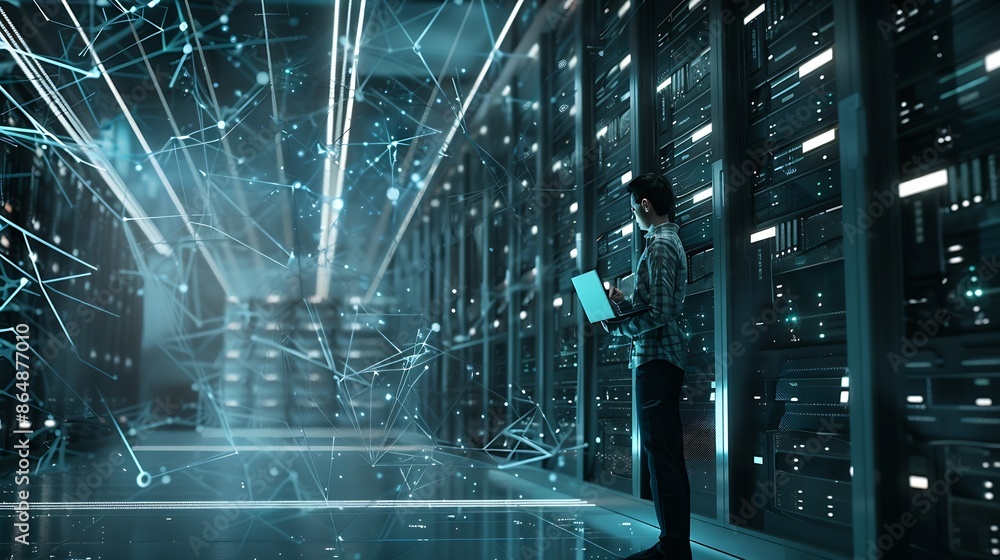 Poster Futuristic 3D Concept Big Data Center Chief Technology Officer Using Laptop Standing In Warehouse Information Digitalization Lines Streaming Through Servers SAAS Cloud Computing Web Se : Generative AI