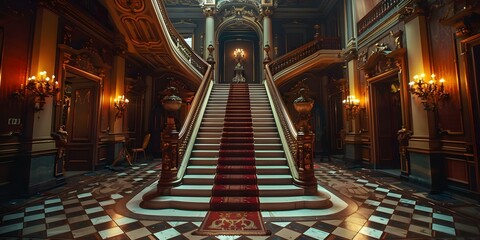 Gothic Victorian Mansion Hall with Staircase and Lamp Holders. Concept Gothic Architecture, Victorian Era, Mansion Interior, Staircase Design, Lamp Holders