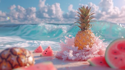 Pineapple standing on pink sand and watermelon at pink beach,blue sea and pink sand in summer vacation,selective focus.