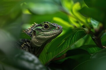 Obraz premium Close-up of a green iguana in a lush tropical environment
