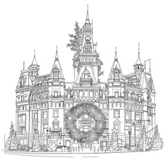 Cartoon city hall with a giant Christmas wreath, outlined for coloring, on a white background.