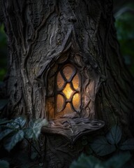 Mysterious glowing fairy door in tree trunk