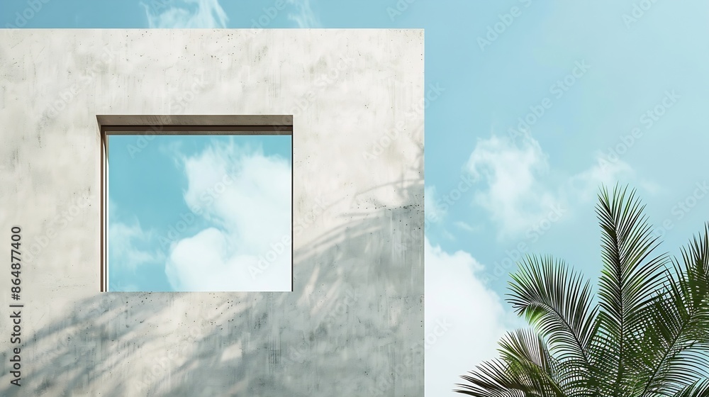 Aufkleber Architecture with Wall concrete texture with open window against blue sky and clouds Exterior White cement house Minimal Modern building with summer sky and palm leaves tree : Generative AI