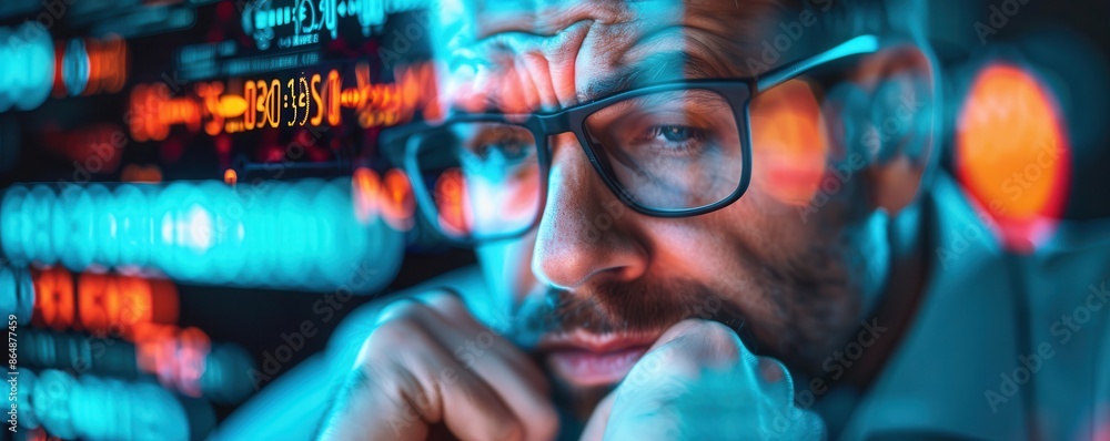 Poster close-up of a pensive man with glasses reflecting on stock market data displayed on multiple screens
