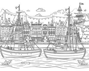 Cartoon city harbor with Christmas boats, outlined for coloring, on a white background.