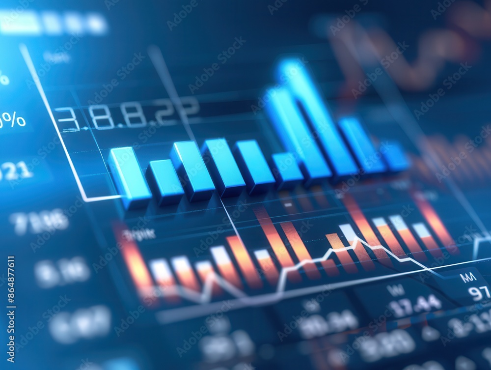 Poster digital stock market data visualization showing financial growth and investment trends with bar and 