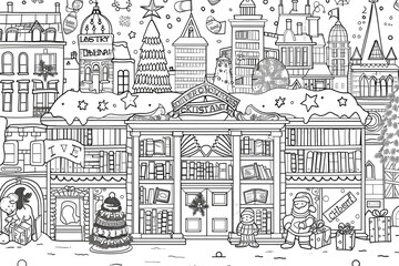 Obraz premium Cartoon city library with a Christmas story time, outlined for coloring, on a white background.