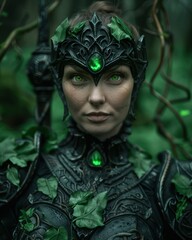 Mysterious forest guardian with glowing green eyes