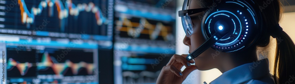Aufkleber woman in headset analyzing data on multiple monitors, focusing on graphs and charts. technology and 