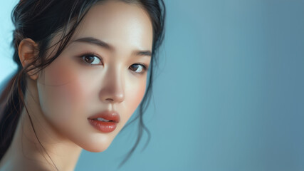Naklejka premium Portrait of a young woman with flawless skin, subtle makeup, and soft lighting set against a blue background.