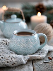 cozy winter scene with hot beverage and candle