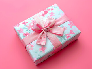 Gift box with floral wrapping paper and a pink ribbon on a pink background. Ideal for feminine celebrations or spring themes, copy space available, mockup