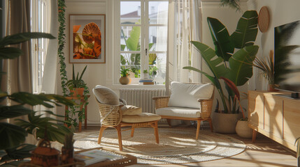 A modern living room with stylish furnishings, large windows, and minimalist decor, creating a spacious and comfortable environment perfect for relaxation and socializing.