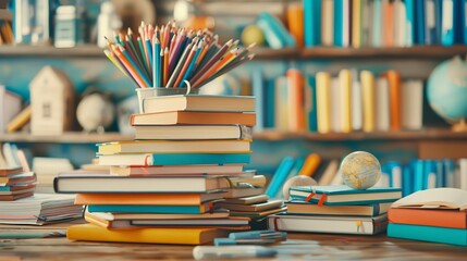 Illustrate a dynamic collection of school subjects with books, globes, and educational tools focus on, selective focus, dynamic, blend mode, classroom setting