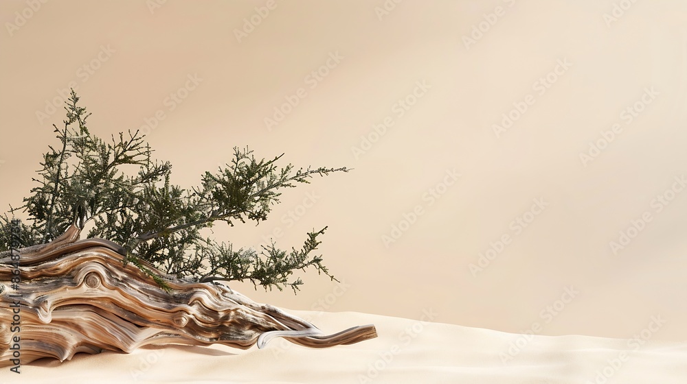 Poster abstract nature scene with a composition of juniper and dry snags neutral beige background for cosme