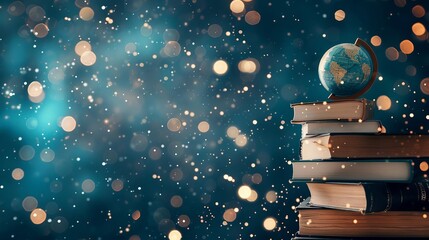 Illustrate a dynamic collection of school subjects with books, globes, and educational tools focus on, selective focus, dynamic, blend mode, classroom setting