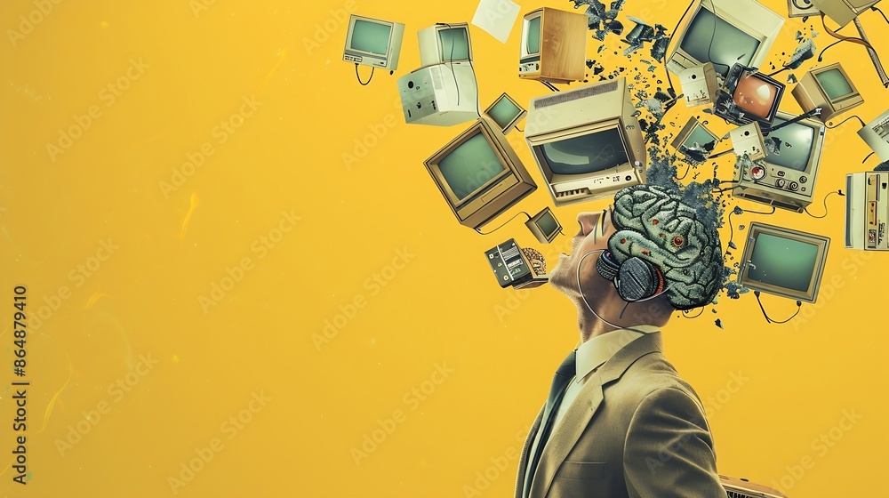 Aufkleber Man businessmans brain charge by means of energy of retro computers on yellow background Contemporary art collage Loading generating new ideas Concept of surrealism retro style : Generative AI