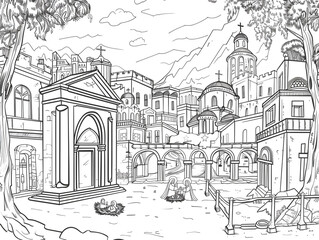 Cartoon city square with a nativity scene, outlined for coloring, on a white background.