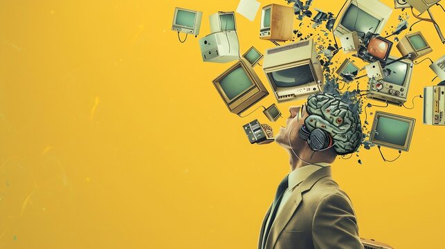 Man businessmans brain charge by means of energy of retro computers on yellow background Contemporary art collage Loading generating new ideas Concept of surrealism retro style : Generative AI