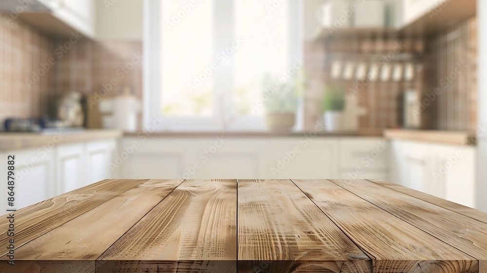 Poster Wood table top on blurred kitchen background can be used mock up for montage products display or design layout : Generative AI