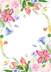 watercolor summer flowers frame, botanical border, watercolor floral template. Garden rose flowers invitation. Border frame banner. template with arrangement flower and leaves