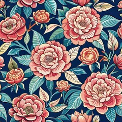 seamless pattern of detailed batik camellias, Generative AI