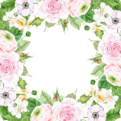 watercolor summer flowers frame, botanical border, watercolor floral template. Garden rose flowers invitation. Border frame banner. template with arrangement flower and leaves