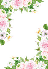 watercolor summer flowers frame, botanical border, watercolor floral template. Garden rose flowers invitation. Border frame banner. template with arrangement flower and leaves