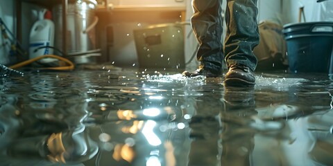 Restoring water damage from burst pipes or snowmelt in flooded basements. Concept Water Damage Restoration, Burst Pipes, Snowmelt, Flooded Basements, Restoration Techniques