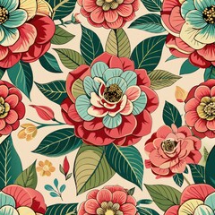 seamless pattern of detailed batik camellias, Generative AI