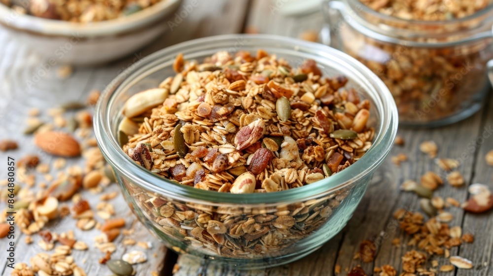 Poster a batch of granola made with a variety of foraged nuts and seeds perfect for a quick and nutritious 