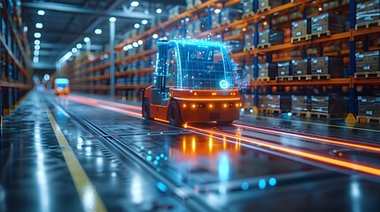 A robotic forklift navigating a warehouse with augmented reality holograms and motion blur, highlighting advanced logistics automation