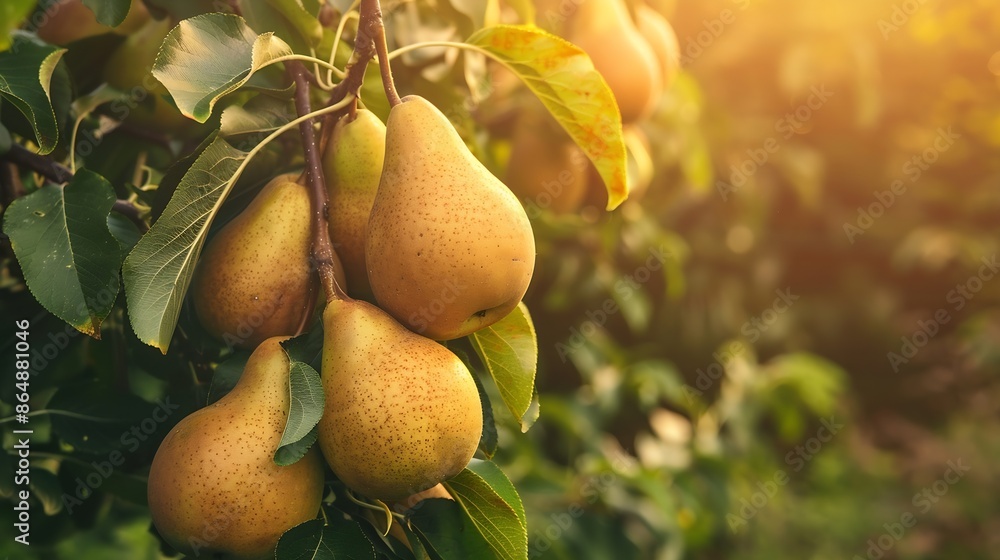 Poster bunch of ripe pears on tree branch nature background : generative ai