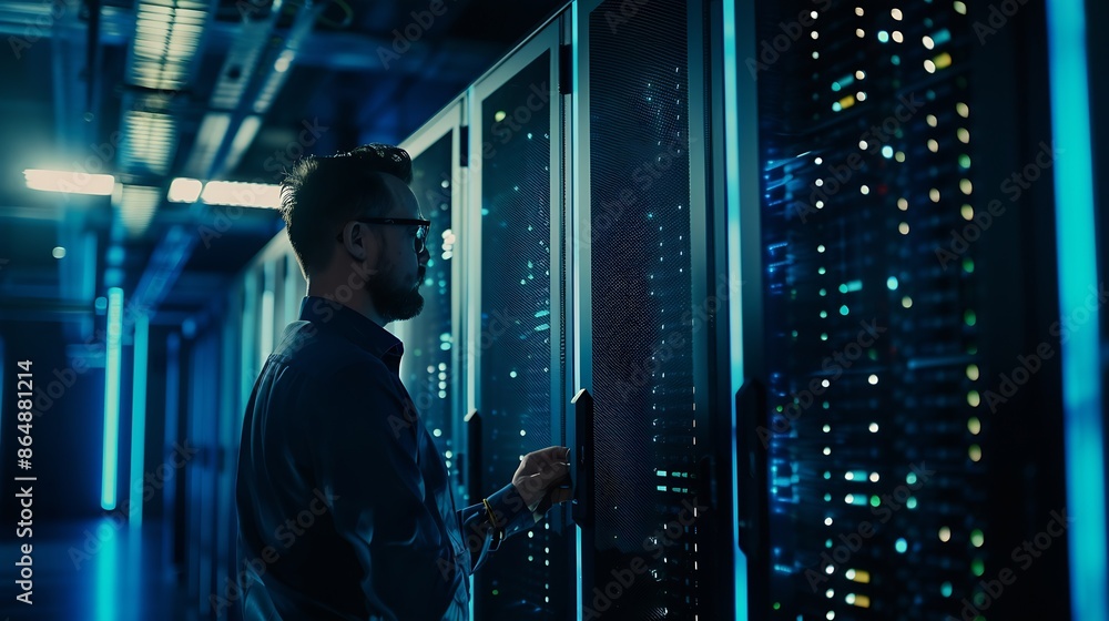 Poster internet business digital technology network and cybersecurity of data center with engineer working 