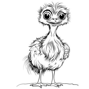 recommend clip art: Cartoon emu, outlined for coloring, on a white background.