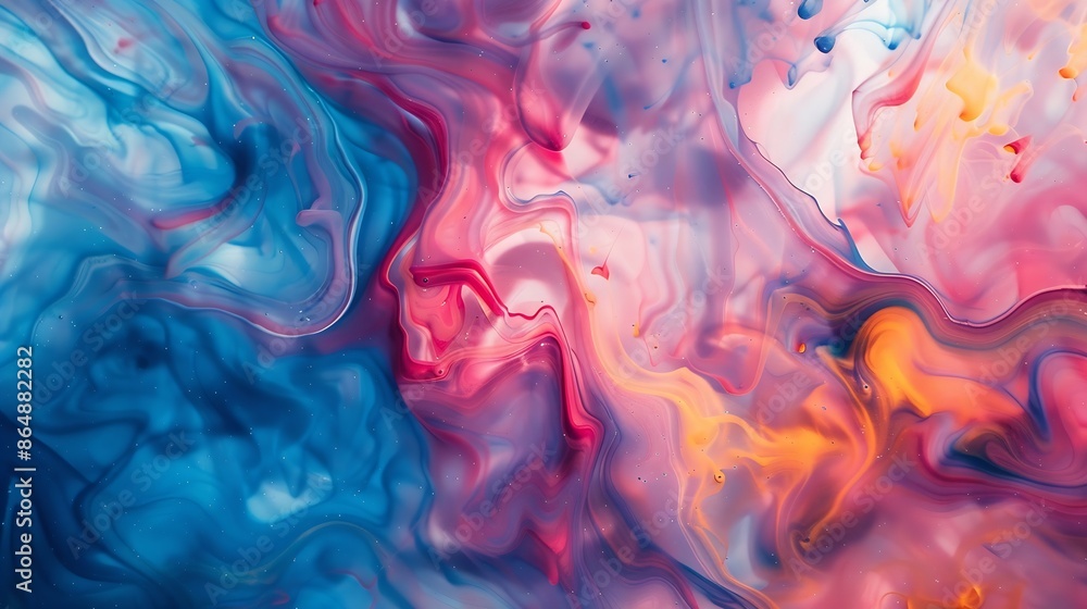 Leinwandbilder Colorful dyes mixed on a fluid art texture Background with colored waves and streams Modern abstract backdrop is created with splatter inks Liquid and smooth forms that were made by mi : Generative AI