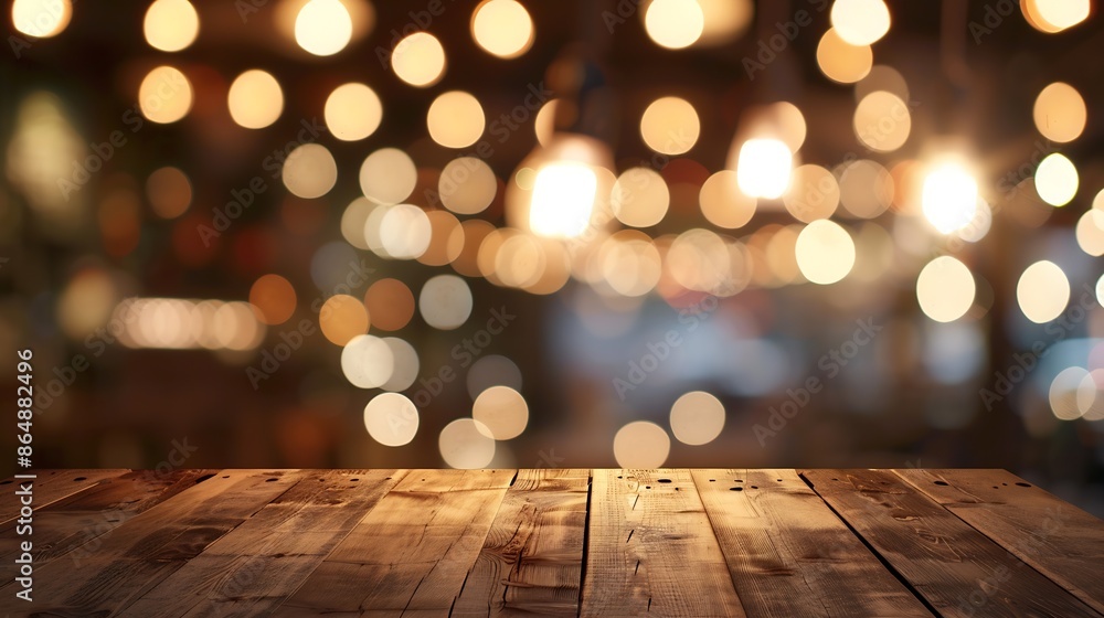 Poster Empty wooden table top with lights bokeh on blur restaurant background : Generative AI