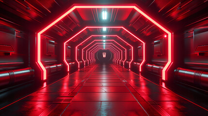 Ai Corridor Tunnel Red Dark Hall Reflective Neon Glowing. Generative AI