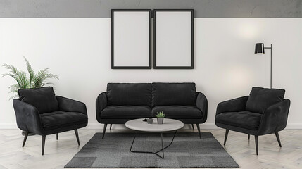 Fototapeta premium An elegant living room featuring contemporary furniture, large windows with a beautiful view, and sophisticated decor, creating a luxurious and comfortable space for living and entertaining.