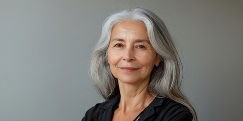 Fototapeta premium Portrait of a radiant elderly woman with grey hair smiling in natural light. Concept Elderly Portrait, Grey Hair, Natural Light, Smiling, Radiant