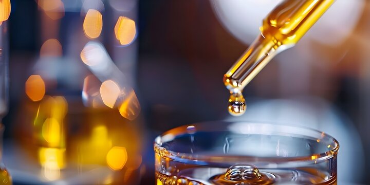 Lab experiments with oil drops and chemical reagents mixing in a lab. Concept Chemical reactions, Oil drops, Laboratory setup, Scientific experimentation, Mixing reagents,