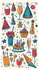 Party doodle icons collection, handdrawn illustration set of birthday and party celebration icons, top view, colorful tones